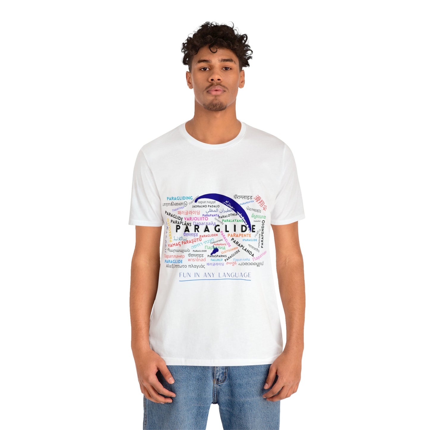 Paragliding in any Language 01 White Unisex Jersey Short Sleeve Tee